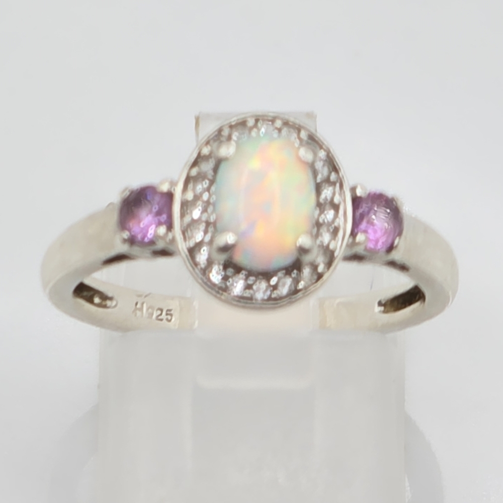Genuine Fire Opal White Topaz And Pink Sapphire Halo Ring
